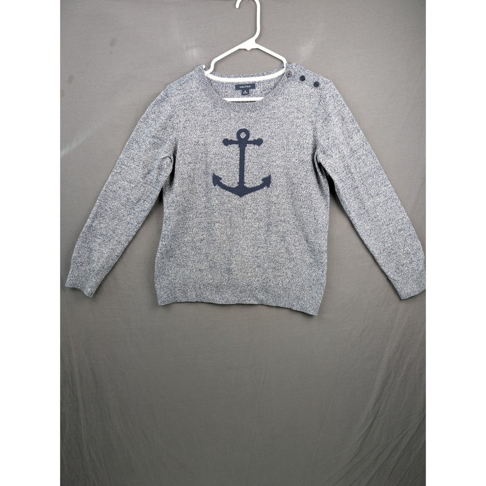 Nautica Womens Blue Anchor Long Sleeve Cotton Knit Sweater Size M